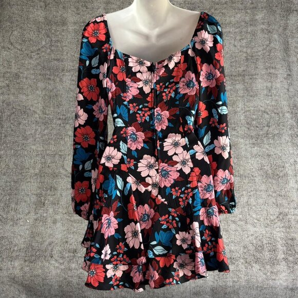 Black Floral Mini Dress M Long Sleeve Square Neck Ruffle Hem Cottagecore Chic - Picture 4 of 6